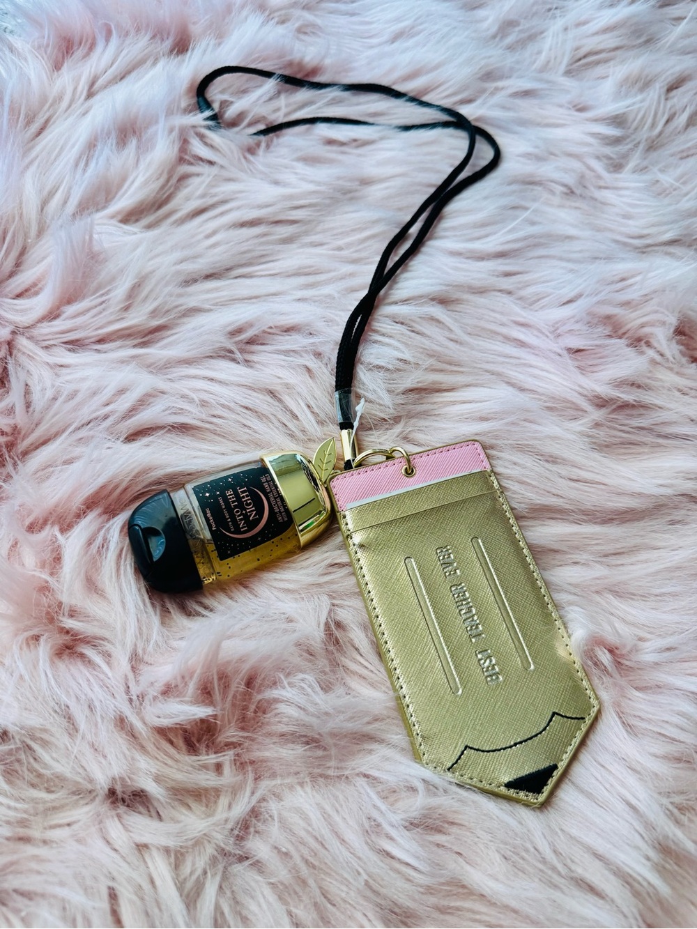 Gold and Pink Pencil Cardholder/ID Lanyard with Travel Hand Sanitizer